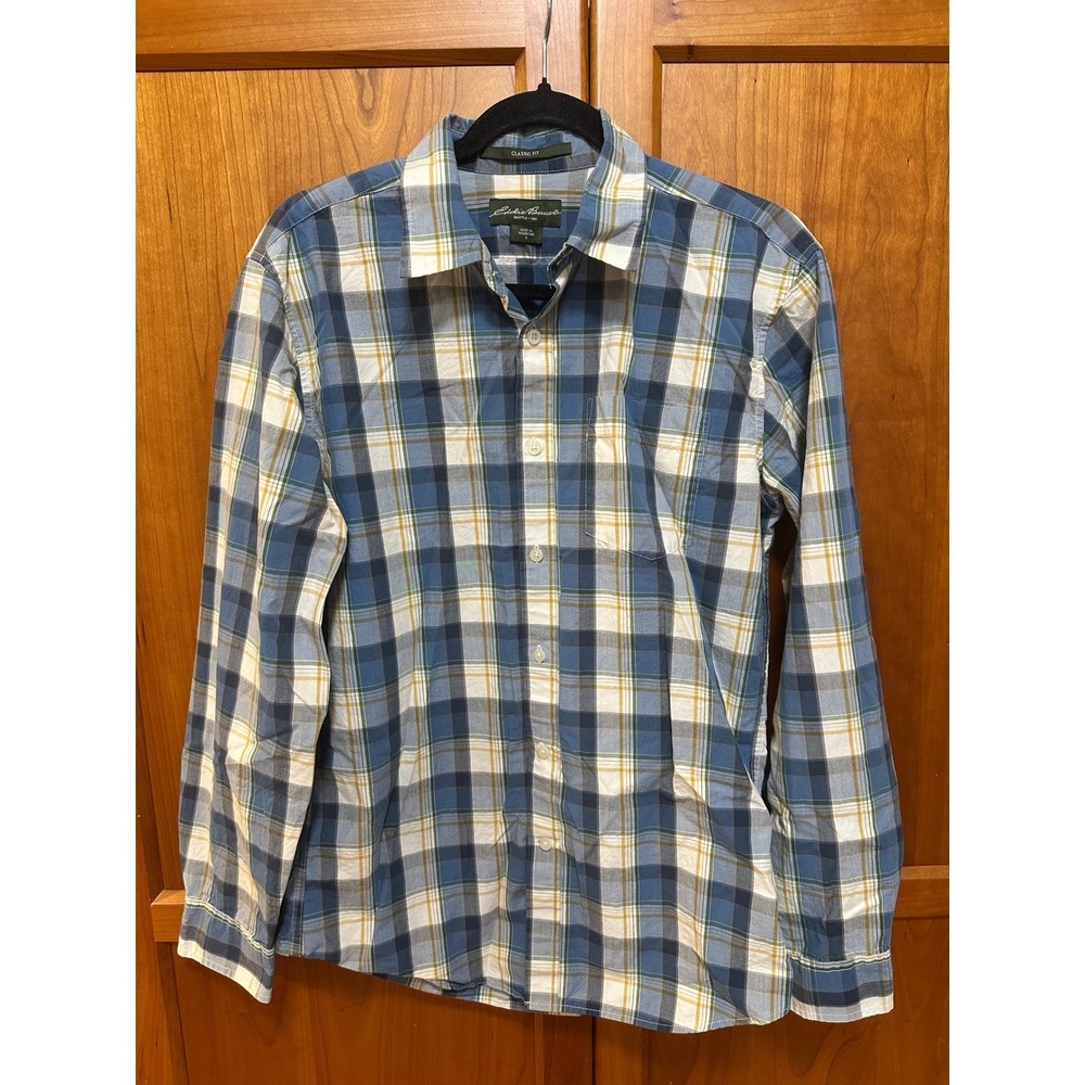 Eddie Bauer Mens Classic Fit Plaid Button Down Shirt Blue White Yellow Size S